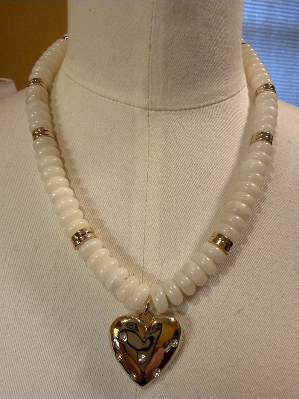 J. Crew Factory Cream Beaded Necklace with Gold Heart Pendant